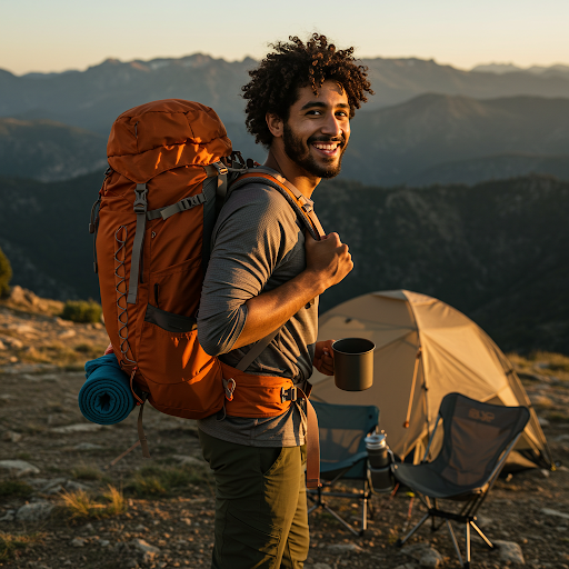 smiling man with high quality camping gear
